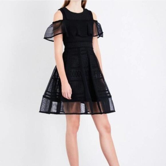 Maje "Rosalie" Cold Shoulder Dress Black Mini Dress Size 2 Mesh Overlay A-Line - Picture 3 of 15